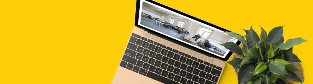 Laptop and plant on a yellow desk, ready for a Melbourne website design project